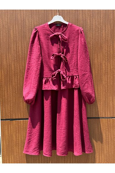 Modamorfo Lace-Up Front Sleeve Elastic Skirt Suit - Burgundy