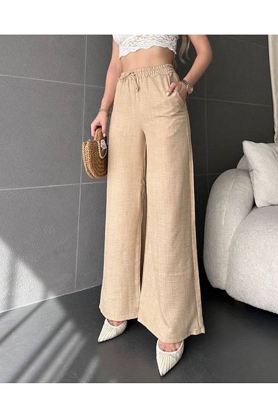 sportiness Wide Leg Palazzo Linen Trousers with Elastic Waist