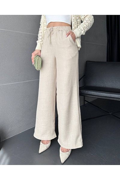 sportiness Wide Leg Palazzo Linen Trousers with Elastic Waist