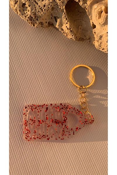 MISS GOLDEN Transparent Epoxy Red Glitter Decorated New Year Themed Keychain with Gold Accessories Handmade Gift