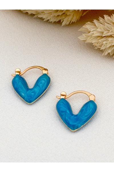 Siya Silver Mavi Mineli Minimal Çelik Kalp Küpe