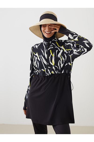 LC Waikiki Γυναικείο σετ μαγιό Hijab με μαύρο σχέδιο με γιακά