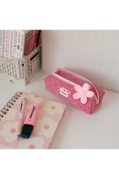 Generic Brand Pinkue Red Gingham Bow Detailed Pen Holder / Organizer / Care - Makeup Bag
