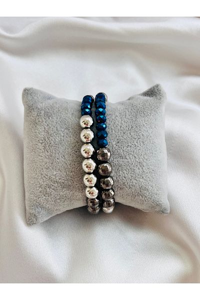 COCOSH TAKI Silver Color Beaded Multi Bracelet with Oil Blue Crystal Stone