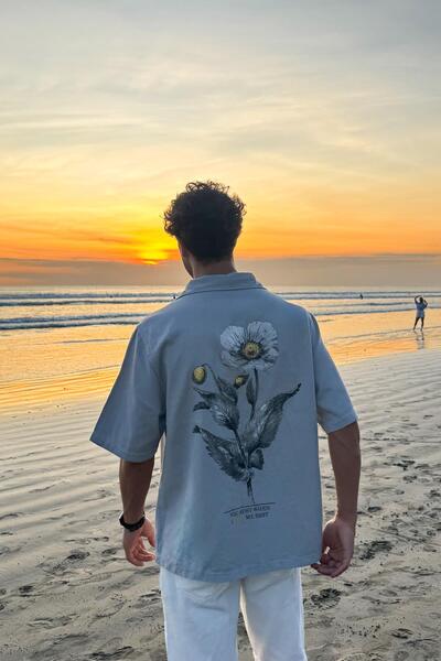 Flaw Wear Flowers Back Printed Gray Oversize Short Sleeve Shirt