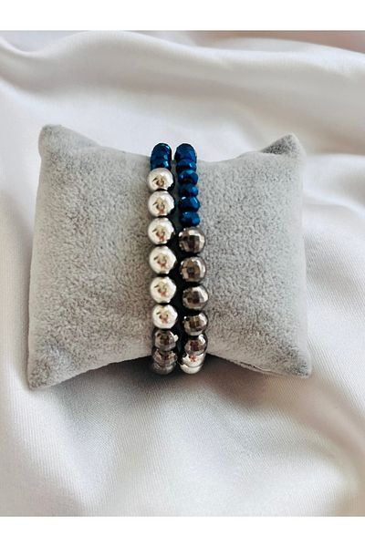 COCOSH TAKI Silver Color Beaded Multi Bracelet with Oil Blue Crystal Stone