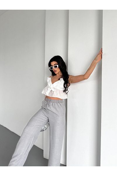 sportiness Wide Leg Palazzo Linen Trousers with Elastic Waist