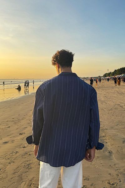 Flaw Wear Point of View Embroidered Striped Navy Blue Oversize Shirt