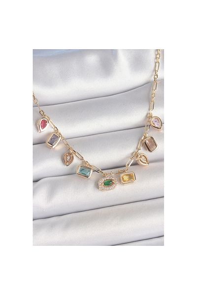 Skygo Row Mixed Color Zircon Stone Gold Brass Necklace - Tj-Bko10221