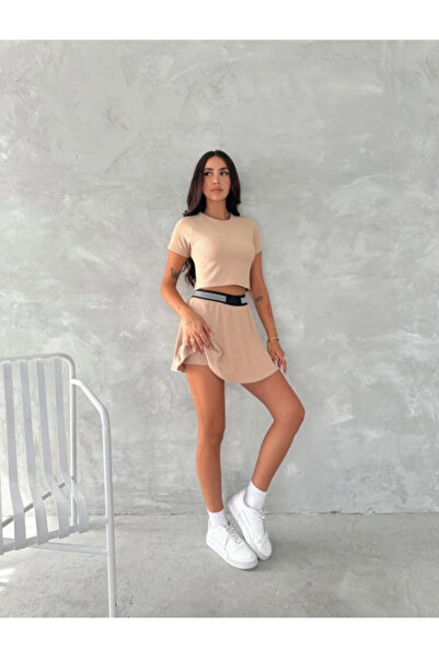MODA Bej Ola Luxury Crop T-Shirt Şortlu Etek Takım