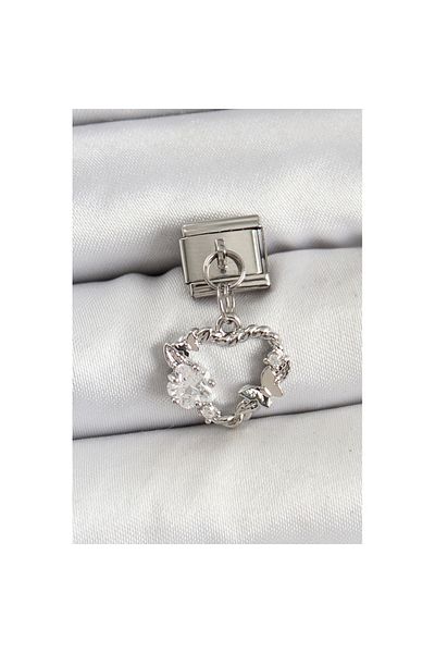 Skygo 316L Steel Dangle Zircon Stone Heart Model Silver Color Nomination Charm - Tj-Bc1455