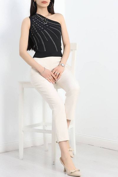 NovaRopa Women's Black Stone Detailed One Shoulder Blouse-Mbw6001