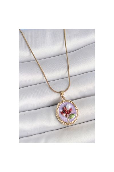 Skygo 316L Steel Gold Color Chain Purple Enamel Pearled Flower Embroidered Portrait Model Women's Necklace - Tj-Bko10156