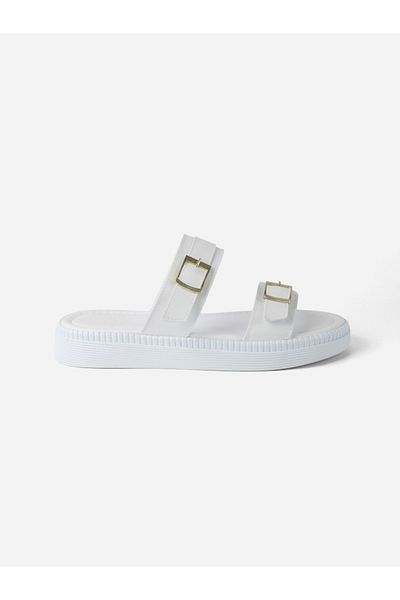 MAGGIO White Women's Comfortable Sole Double Gold Color Buckle Slippers