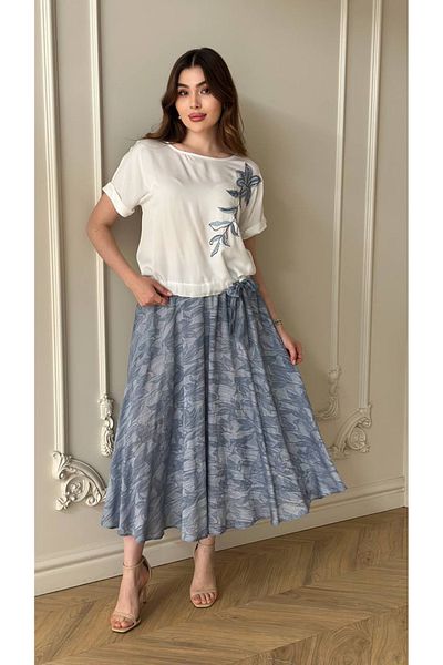 My twins Ewas Design Midi Length Skirt Bead Embroidered Blouse Women's Double Viscon Suit
