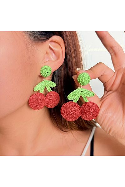 mos&more Red Cherry Straw Lightweight Summer Fashion Earrings