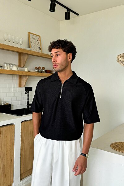 Flaw Wear Μπλουζάκι με φερμουάρ και γιακά πόλο μαύρο