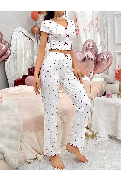 Blizard Ideal for Daily Wear with Soft Cotton Comfortable Cut Red Heart Pattern Pajama Set