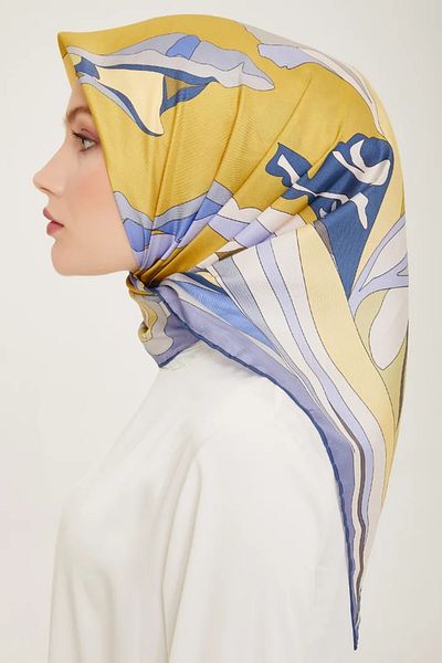 Belli Twill Silk Scarf 4017D Floral Pattern Baby Blue-Yellow-80
