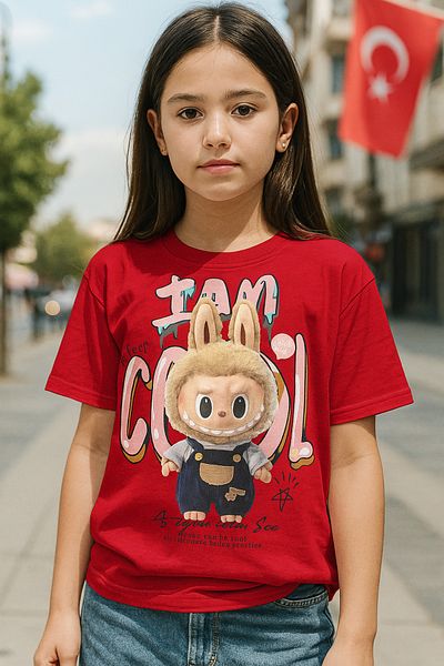 Touz Moda Tricou roșu oversize unisex cu design Labubu Kids