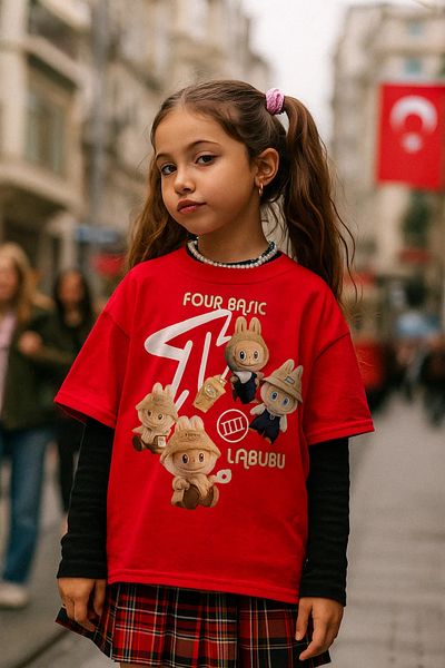 Touz Moda Tricou roșu oversize unisex cu design Labubu Kids