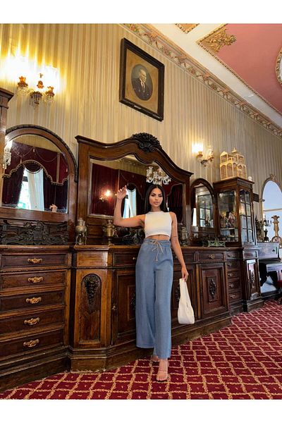 sportiness Straw Belt Palazzo Linen Wide Leg Trousers