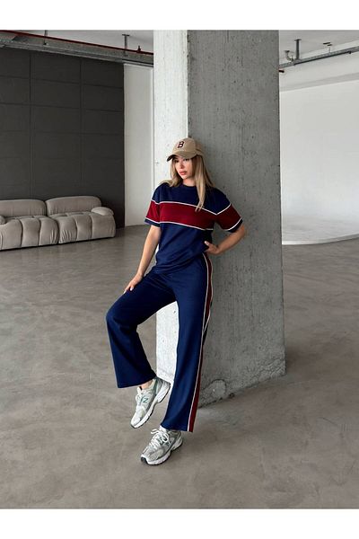 Gameyal Women's Modal Fabric Double Pocket Stripe Detailed Trousers T-Shirt Set