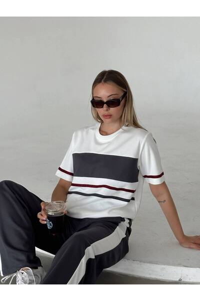 YONEZ MODA Kadın Modal Kumaş Şerit Detaylı Tişört Pantolon Takım
