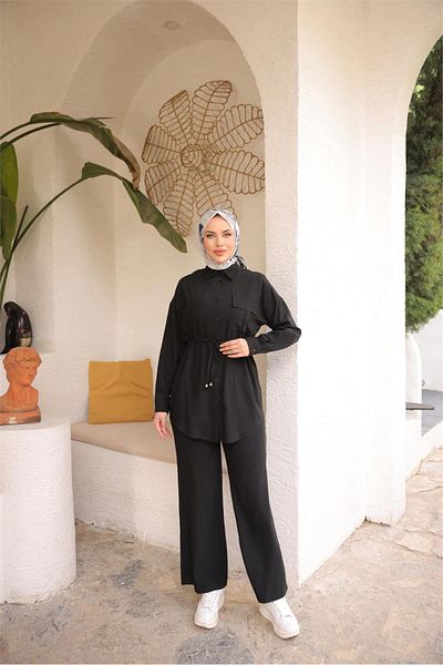Bwest Waist Laced Single Pocket Shirt Double Hijab Tracksuit Set - (38-46) - 71283 - Black