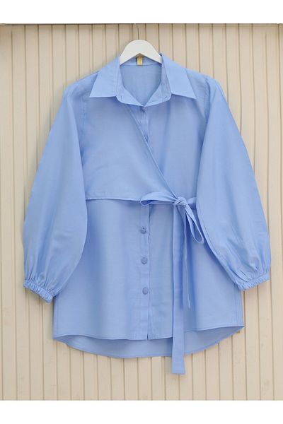Modamorfo Cross Tie Sleeve Elastic Button Shirt - Baby Blue