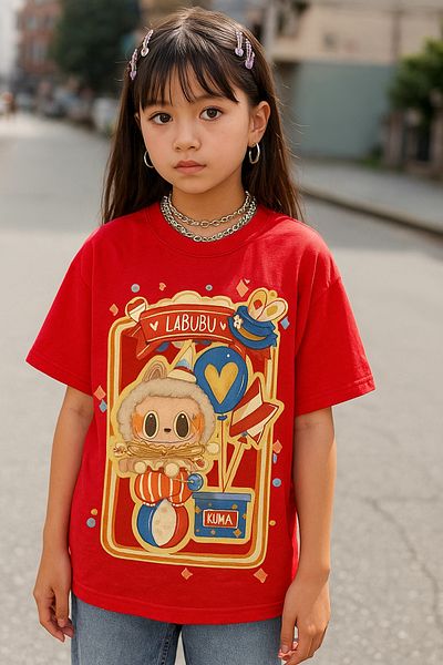 Touz Moda Labubu Kids Design Unisex Oversize Red T-Shirt