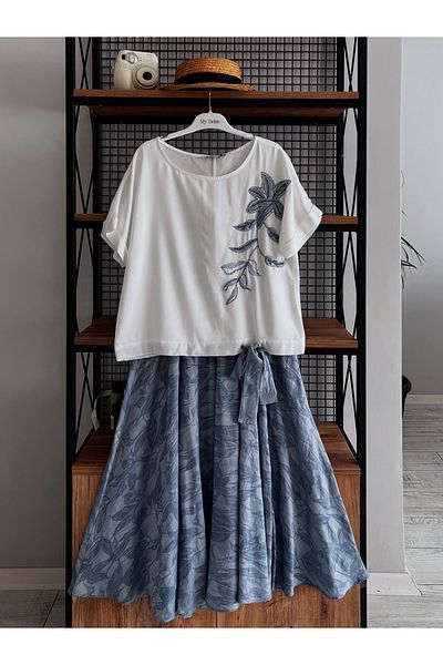 My twins Ewas Design Midi Length Skirt Bead Embroidered Blouse Women's Double Viscon Suit