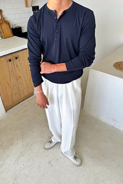 Flaw Wear Navy Blue Buttoned Long Sleeve T-Shirt