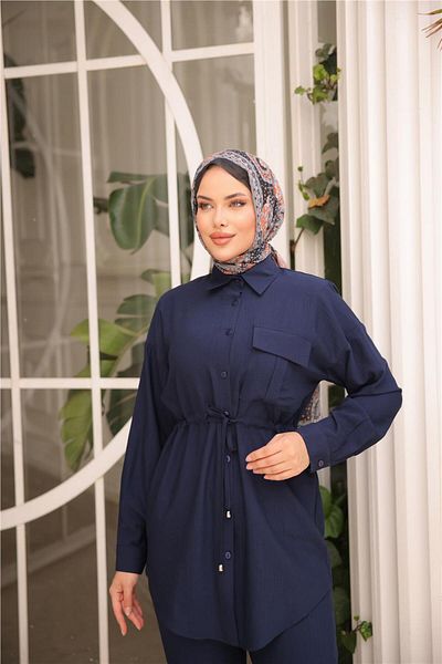 Bwest Waist Laced Single Pocket Shirt Double Hijab Tracksuit Set - (38-46) - 71283 - Navy Blue