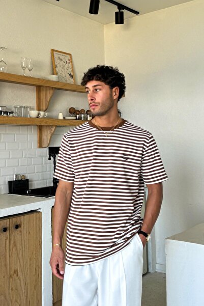 Flaw Wear Ανθρώπινο κεντημένο ριγέ μπλουζάκι καφέ