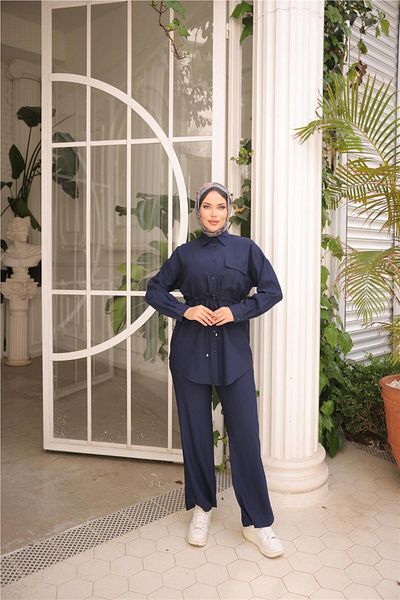 Bwest Waist Laced Single Pocket Shirt Double Hijab Tracksuit Set - (38-46) - 71283 - Navy Blue
