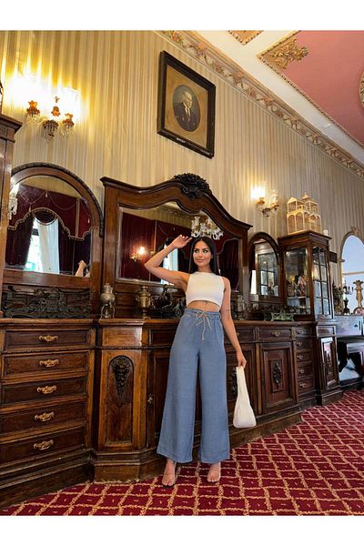 sportiness Straw Belt Palazzo Linen Wide Leg Trousers