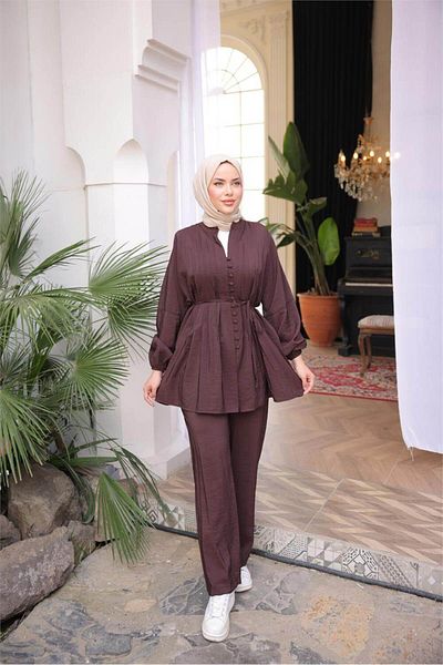 Bwest Buttoned Waist Lace Short Tunic Double Hijab Tracksuit Set - (38-46) - 71281 - Brown