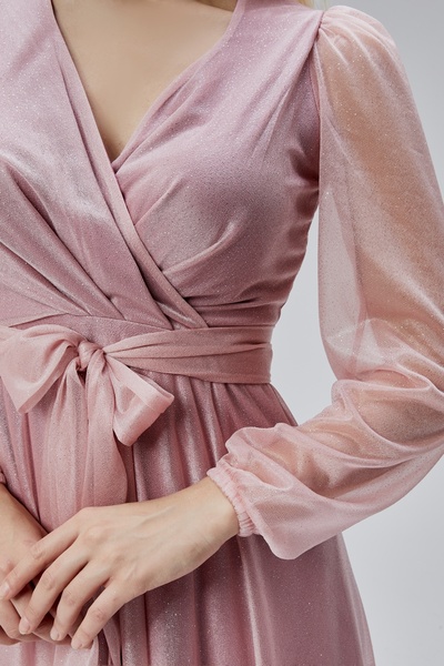 HELVEYS Kadın Simli Tüllü Uzun Kollu Kruvaze Yakalı İç Astarlı Kuşaklı Esnek Şık Uzun Abiye Elbise HV063047