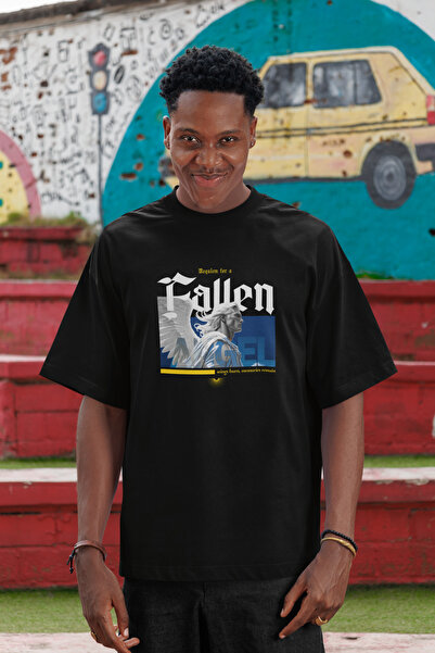 Unisex Siyah Oversize %100 Pamuklu "Fallen Angel" Melek Heykeli Baskılı T-shirt