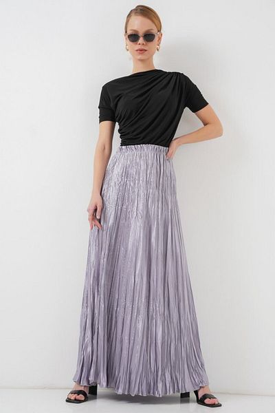 D&M Life Collection Long Wrinkled Shiny Skirt 8034 - Gray - 42 - Gray