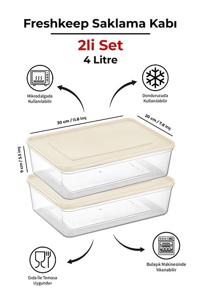 bizimevde 2-Piece Storage Container 4 Liter Deep Freezer Microwave Compatible