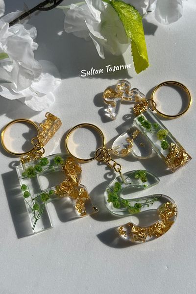 Sultan Tasarım Gold Foil Floral Glittery-Paillette Epoxy Letter - Number Keychains