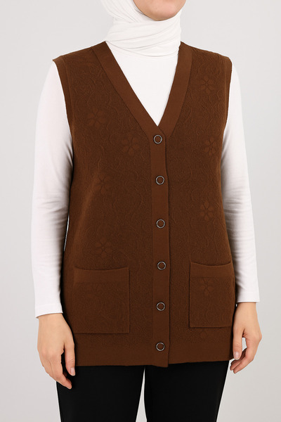 ECALAMODE Women's Tile Knitwear Vest with Pockets and Buttons for Middle Age Cardigan Model