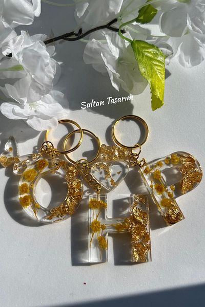 Sultan Tasarım Gold Foil Floral Glittery-Paillette Epoxy Letter - Number Keychains