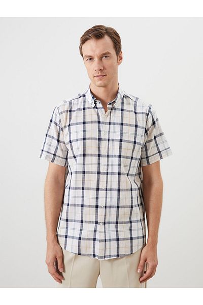 LC Waikiki Beige Regular Fit Short Sleeve Plaid Poplin Men's Shirt