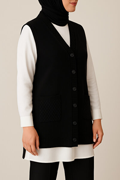 ECALAMODE Women's Black Knitwear Vest Buttoned Cardigan with Pockets – Daily Combination for Middle Ages