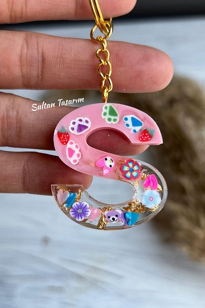 Sultan Tasarım Gold Foil Floral Glittery-Paillette Epoxy Letter - Number Keychains