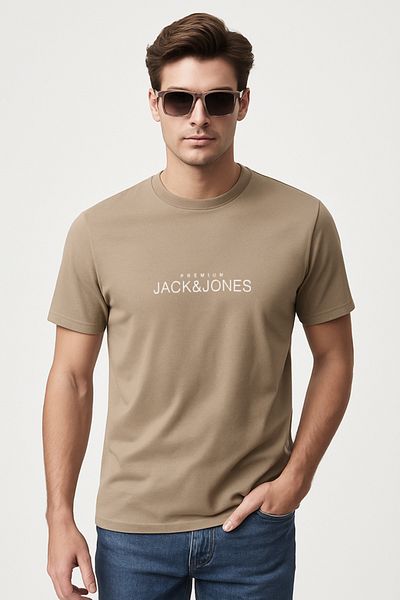 Jack & Jones Λογότυπο Crew Neck Τυπωμένο T-Shirt Μπεζ