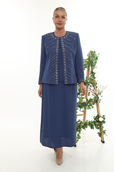 MİSS DİAMOND بدلة ثلاثية أنيقة باللون الأزرق مع سترة مطرزة بالحجر